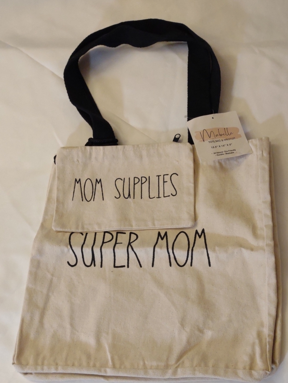 NWT Canvas Tote Bag & Wristlet w/ 'SUPER MOM' Print & Black Straps